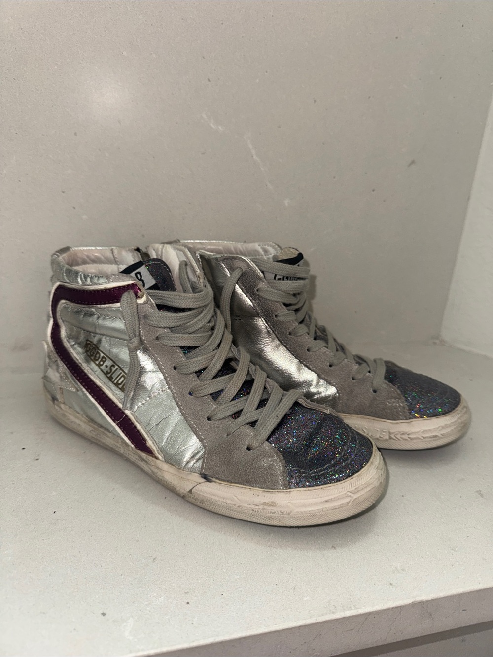 Golden Goose Silver Metallic & Gray High-Top Sneakers with Glitter Toe